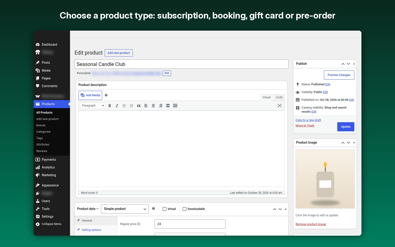 Choose a product type: subscription, booking, gift card or pre-order