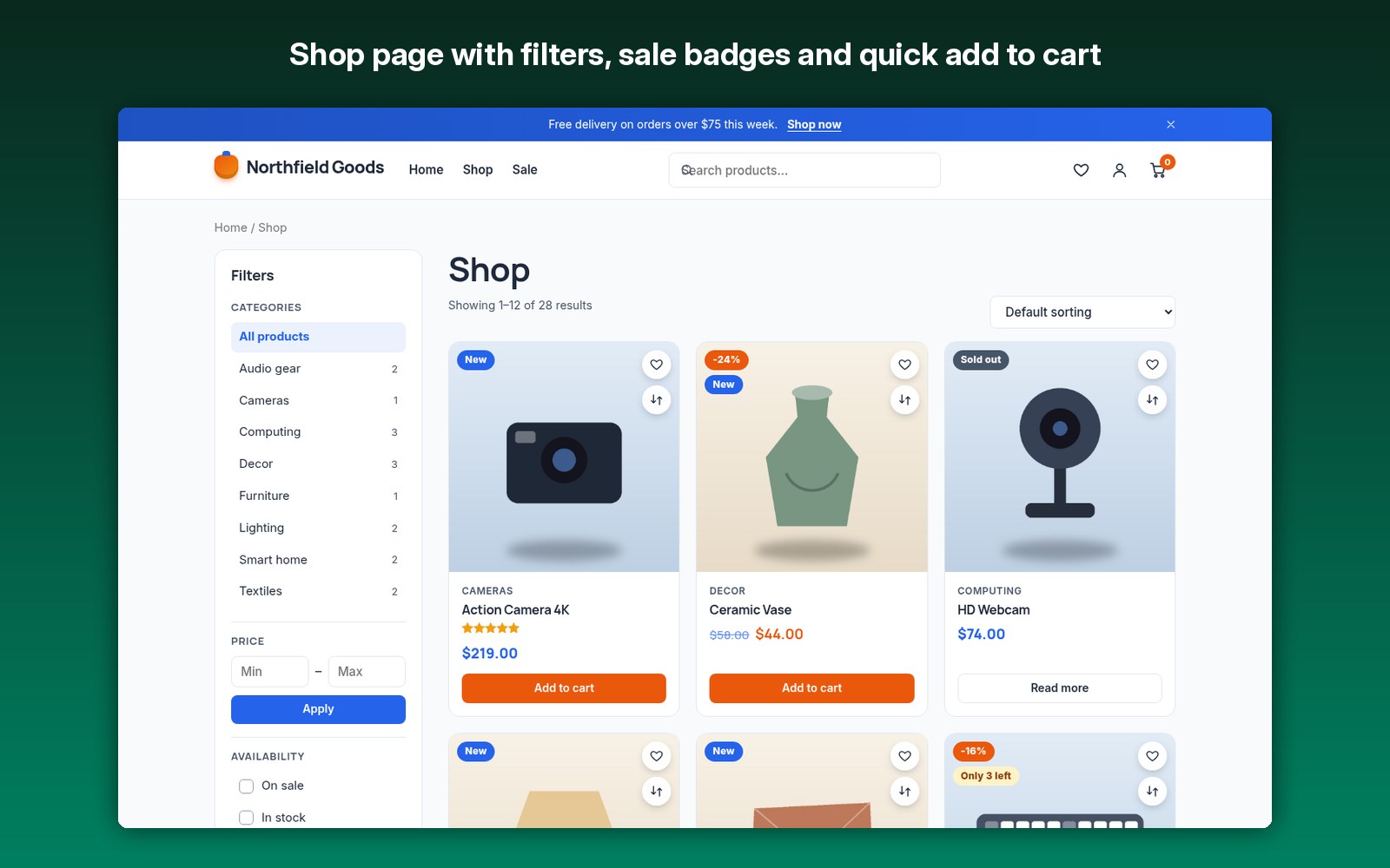 Shop page with filters, sale badges and quick add to cart