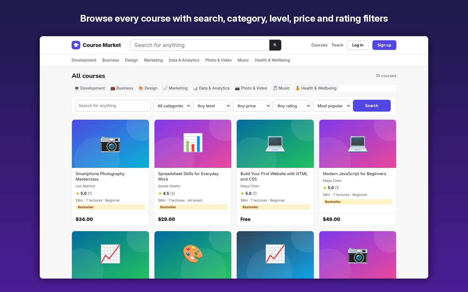 Browse every course with search, category, level, price and rating filters