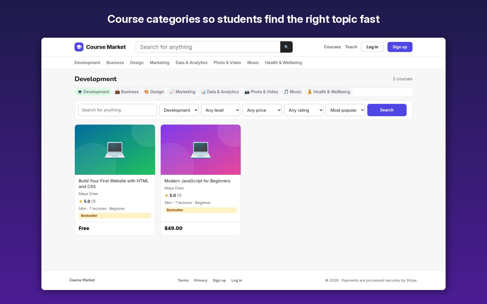 Course categories so students find the right topic fast