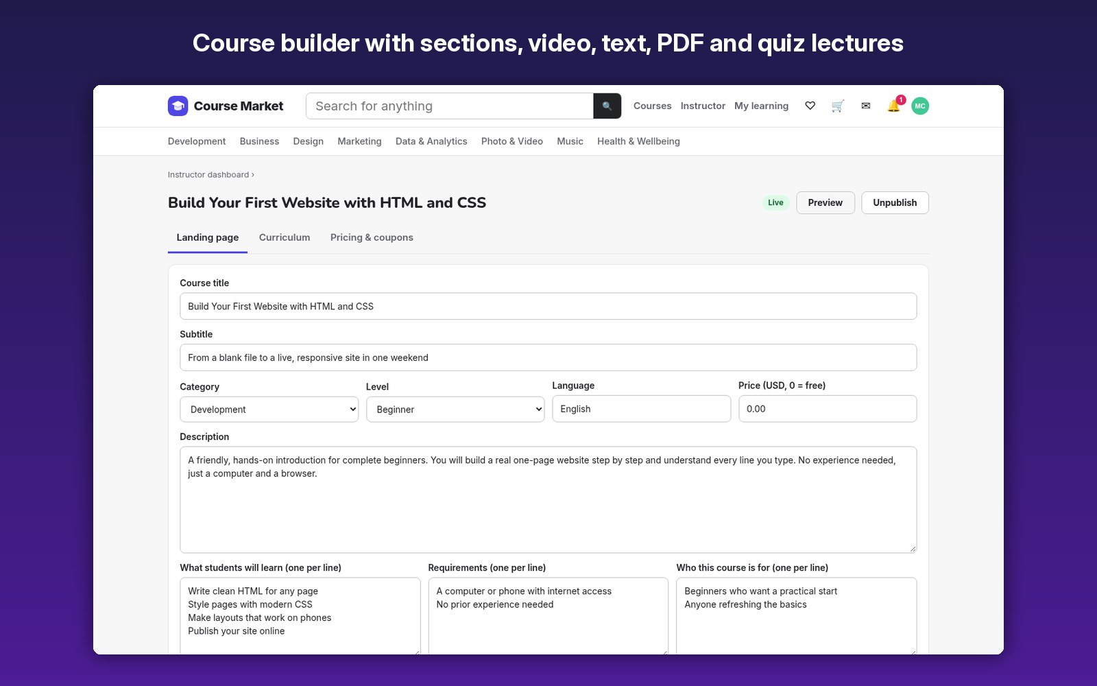 Course builder with sections, video, text, PDF and quiz lectures