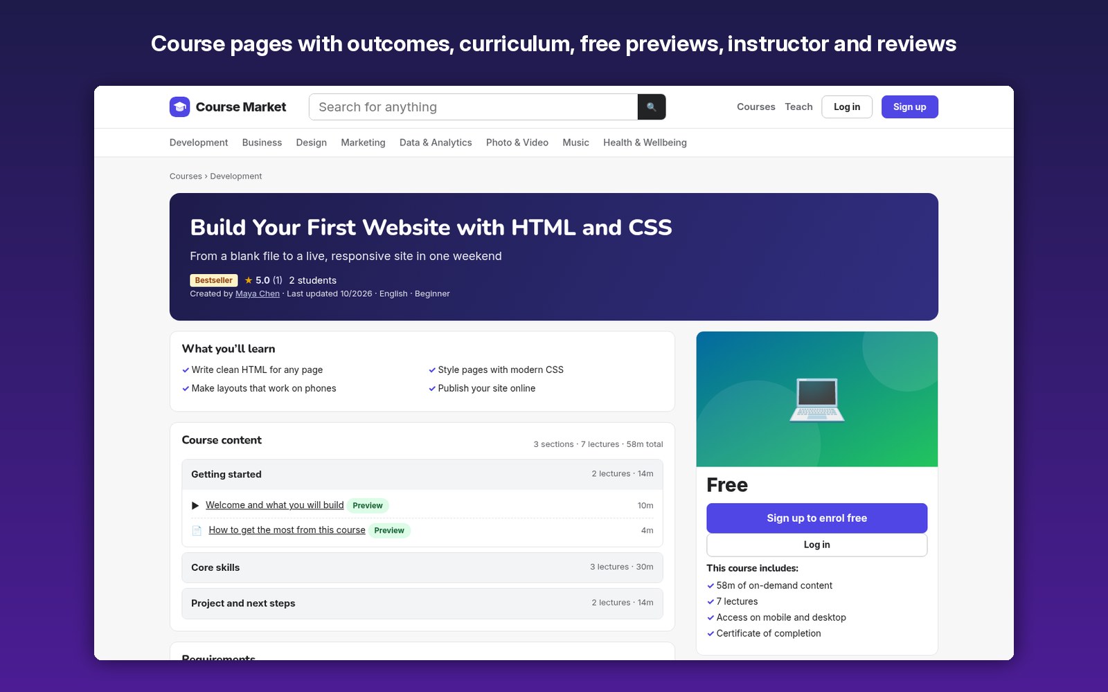 Course pages with outcomes, curriculum, free previews, instructor and reviews