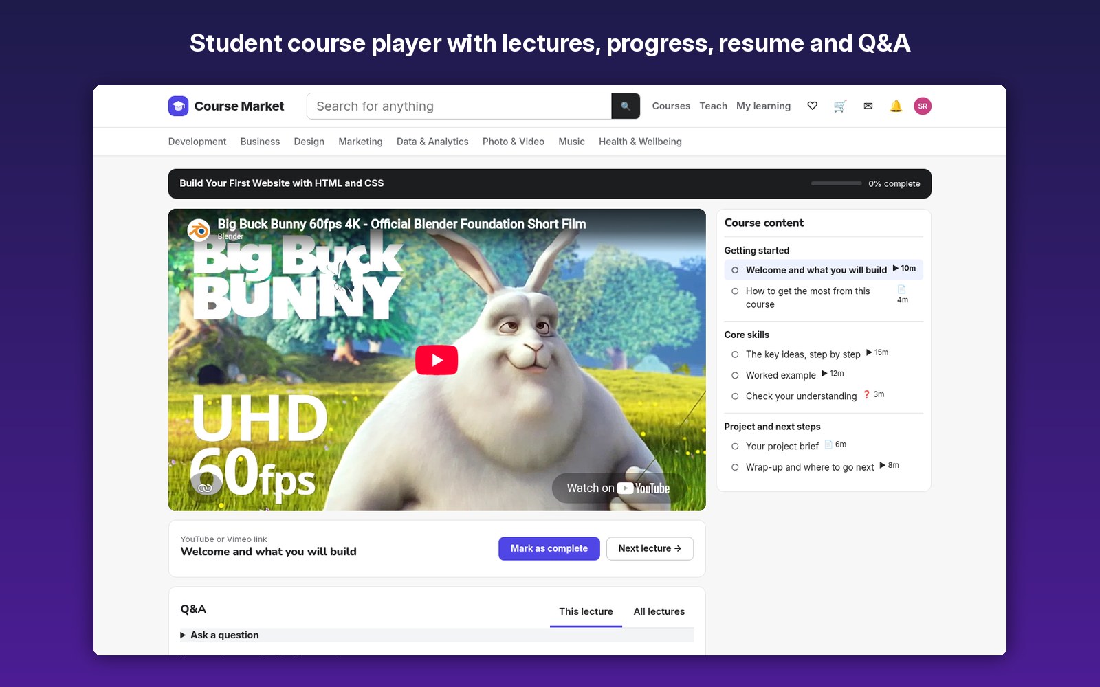 Student course player with lectures, progress, resume and Q&A
