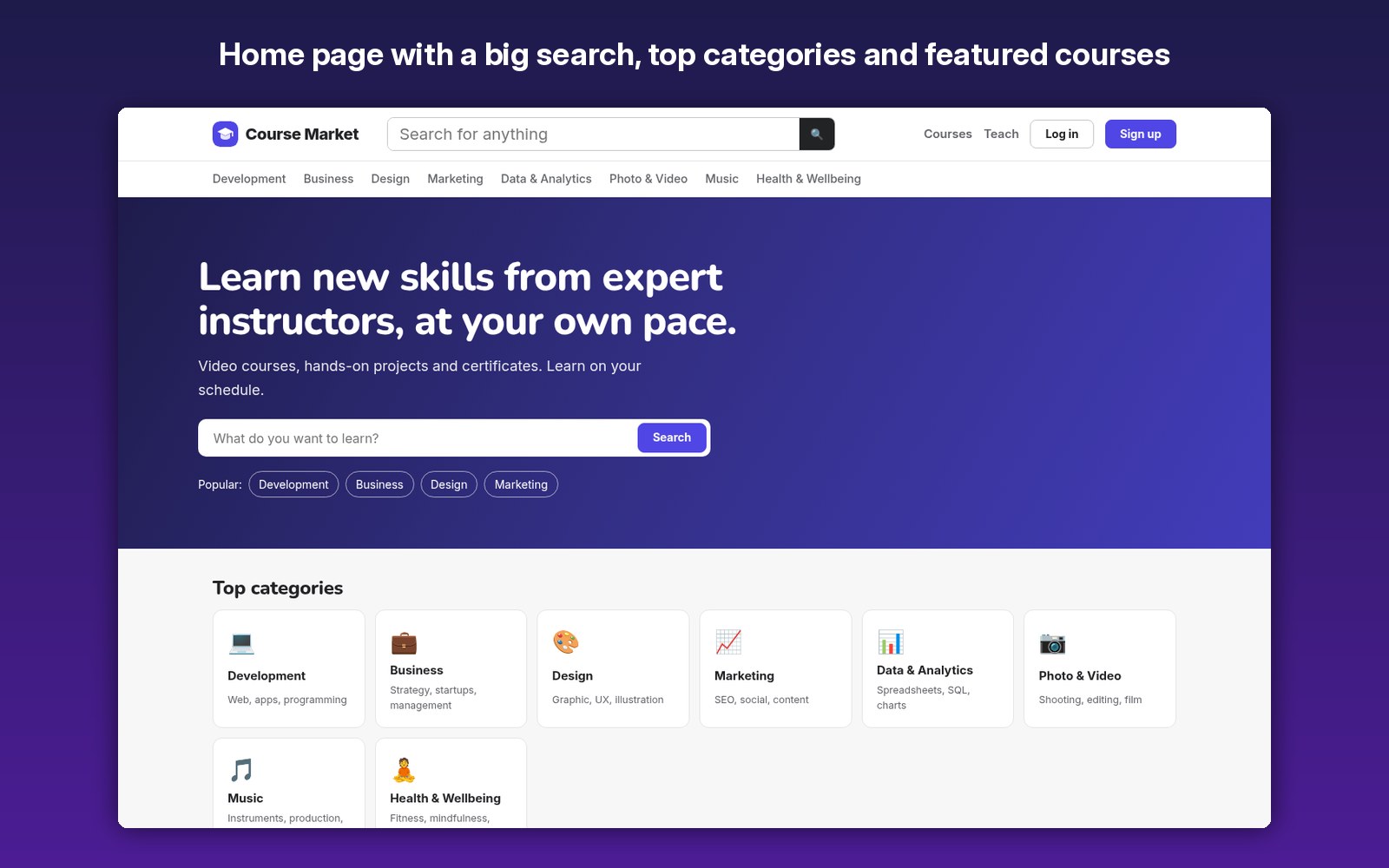 Home page with a big search, top categories and featured courses