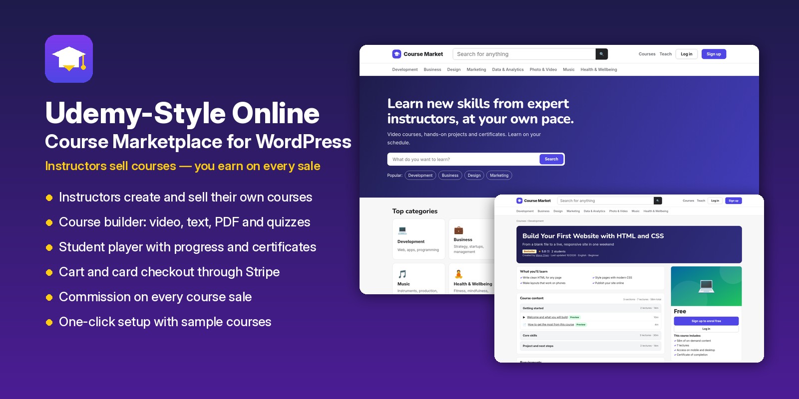 Udemy-style online course marketplace for WordPress