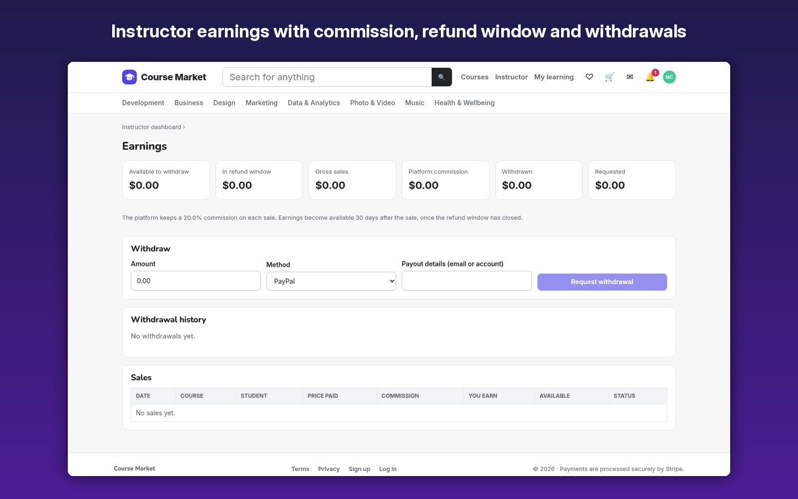Instructor earnings with commission, refund window and withdrawals