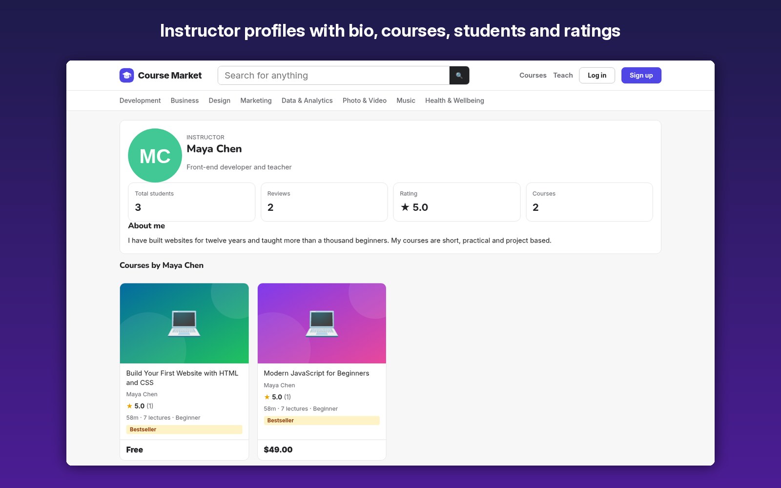 Instructor profiles with bio, courses, students and ratings