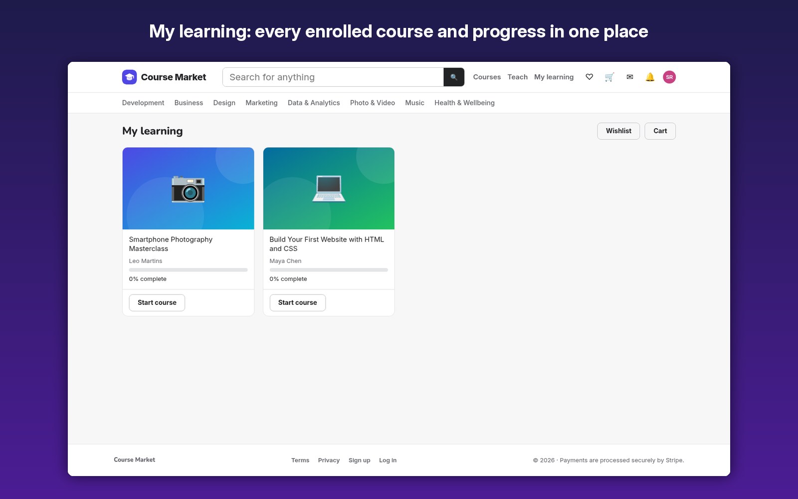 My learning: every enrolled course and progress in one place