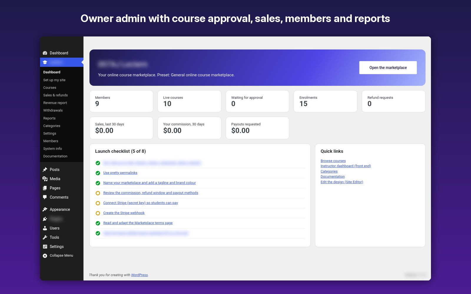 Owner admin with course approval, sales, members and reports