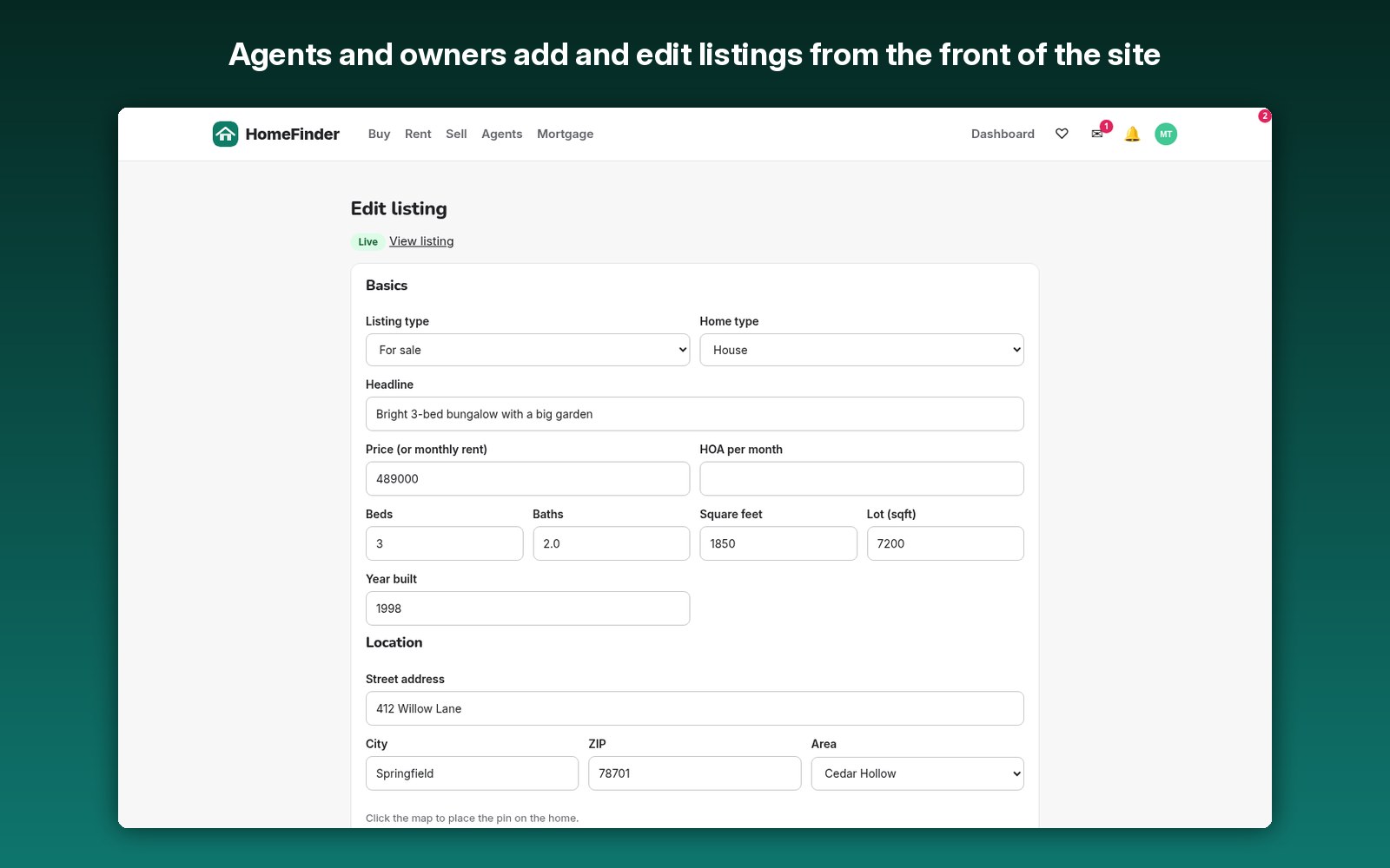 Agents and owners add and edit listings from the front of the site