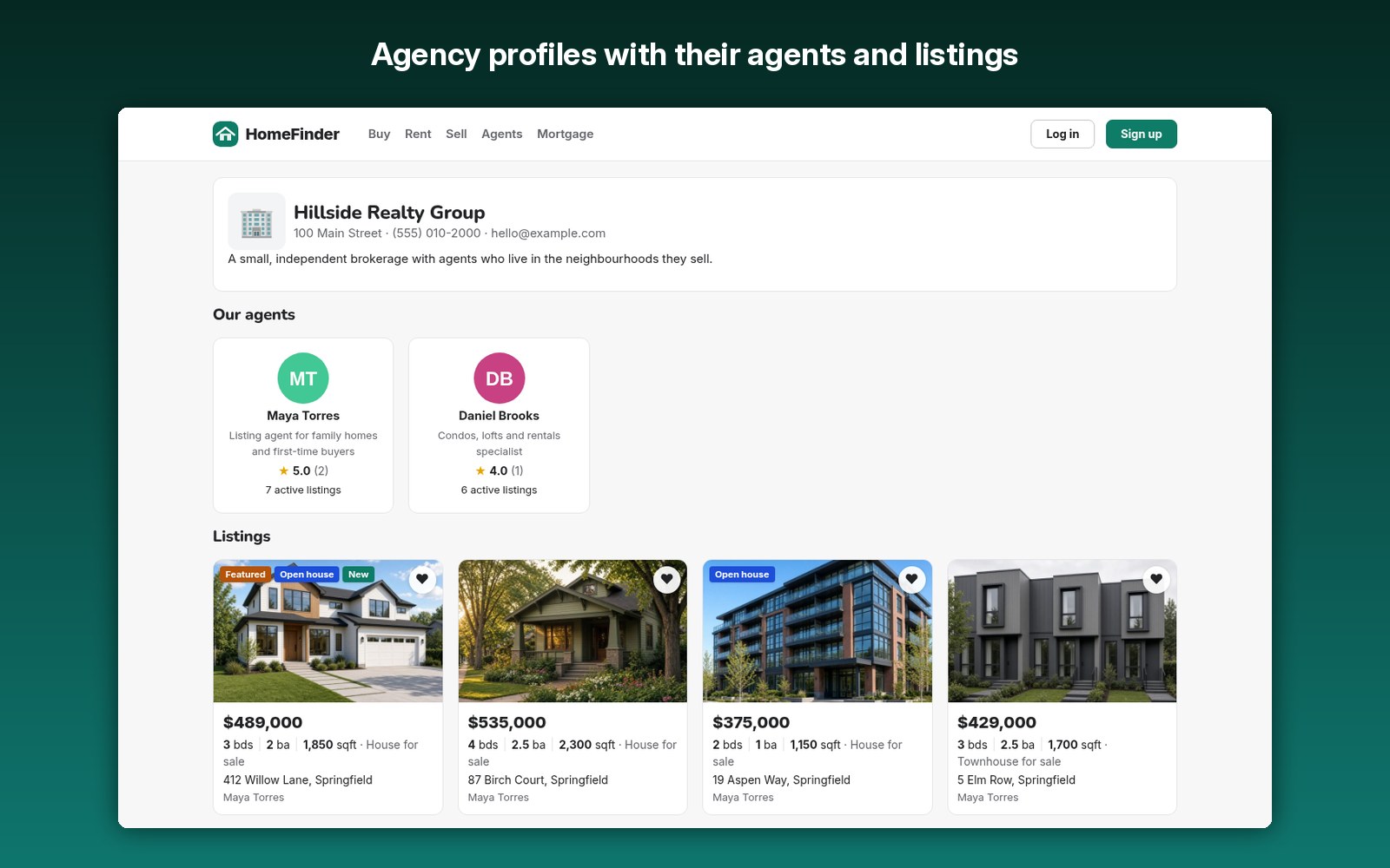 Agency profiles with their agents and listings