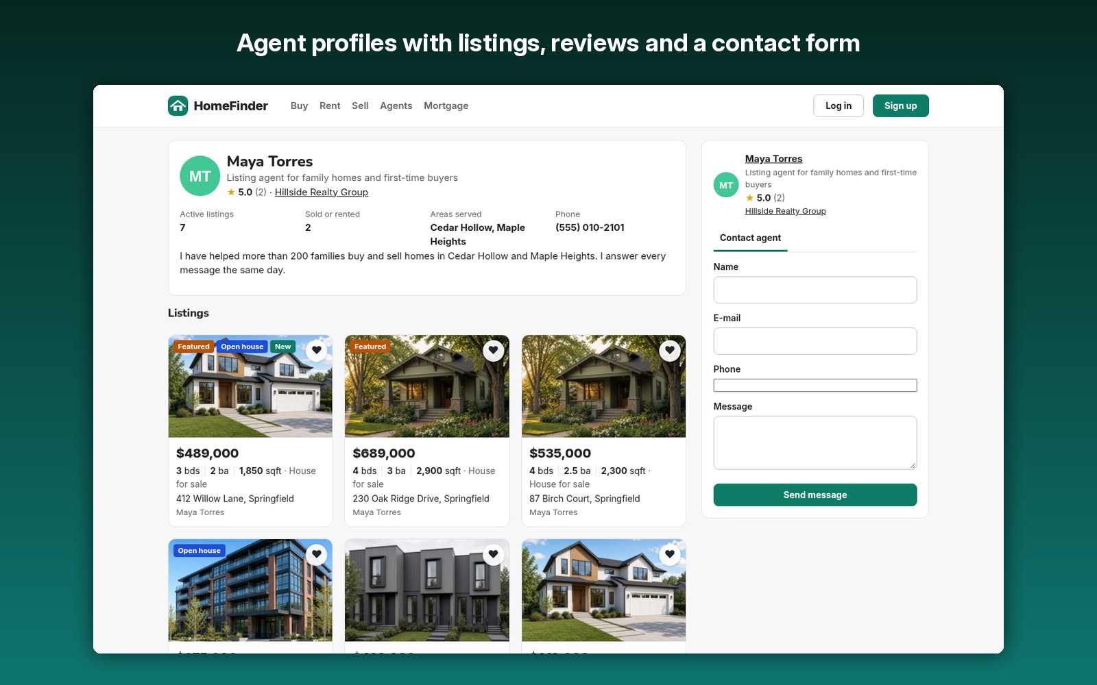 Agent profiles with listings, reviews and a contact form