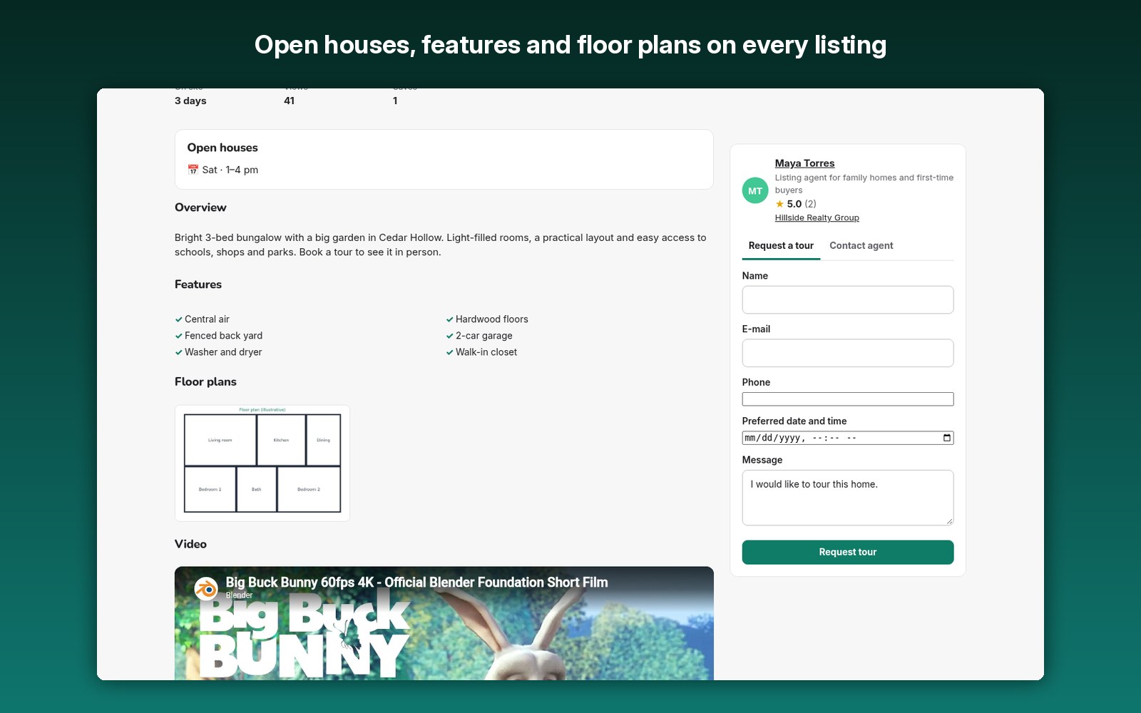Open houses, features and floor plans on every listing