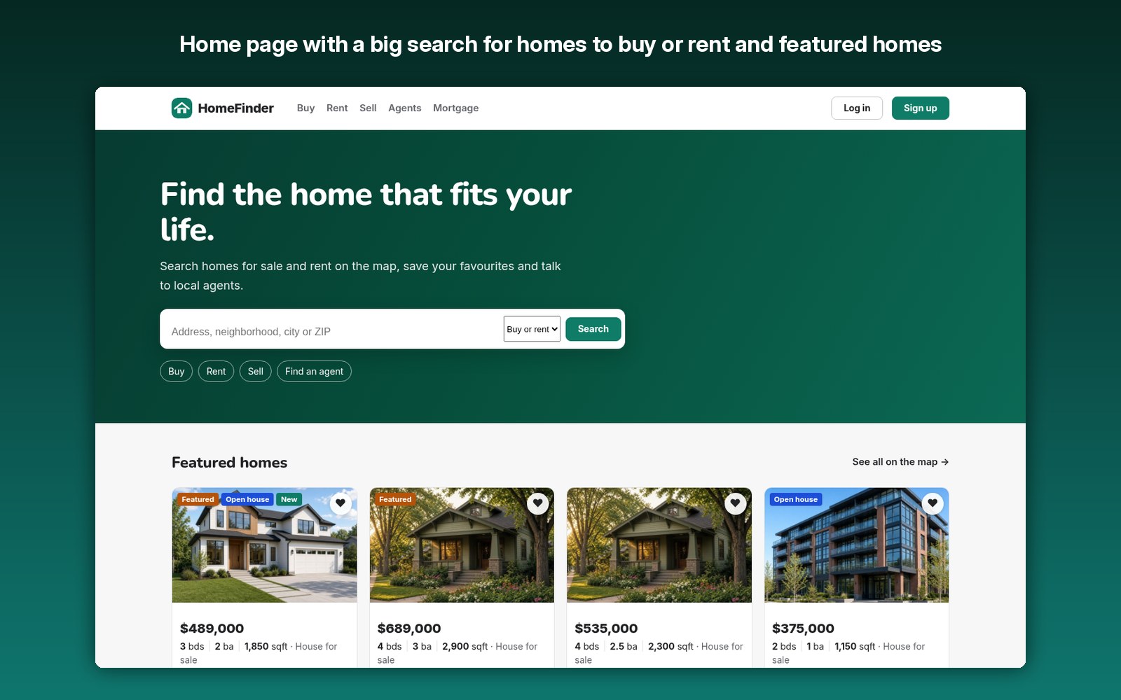 Home page with a big search for homes to buy or rent and featured homes