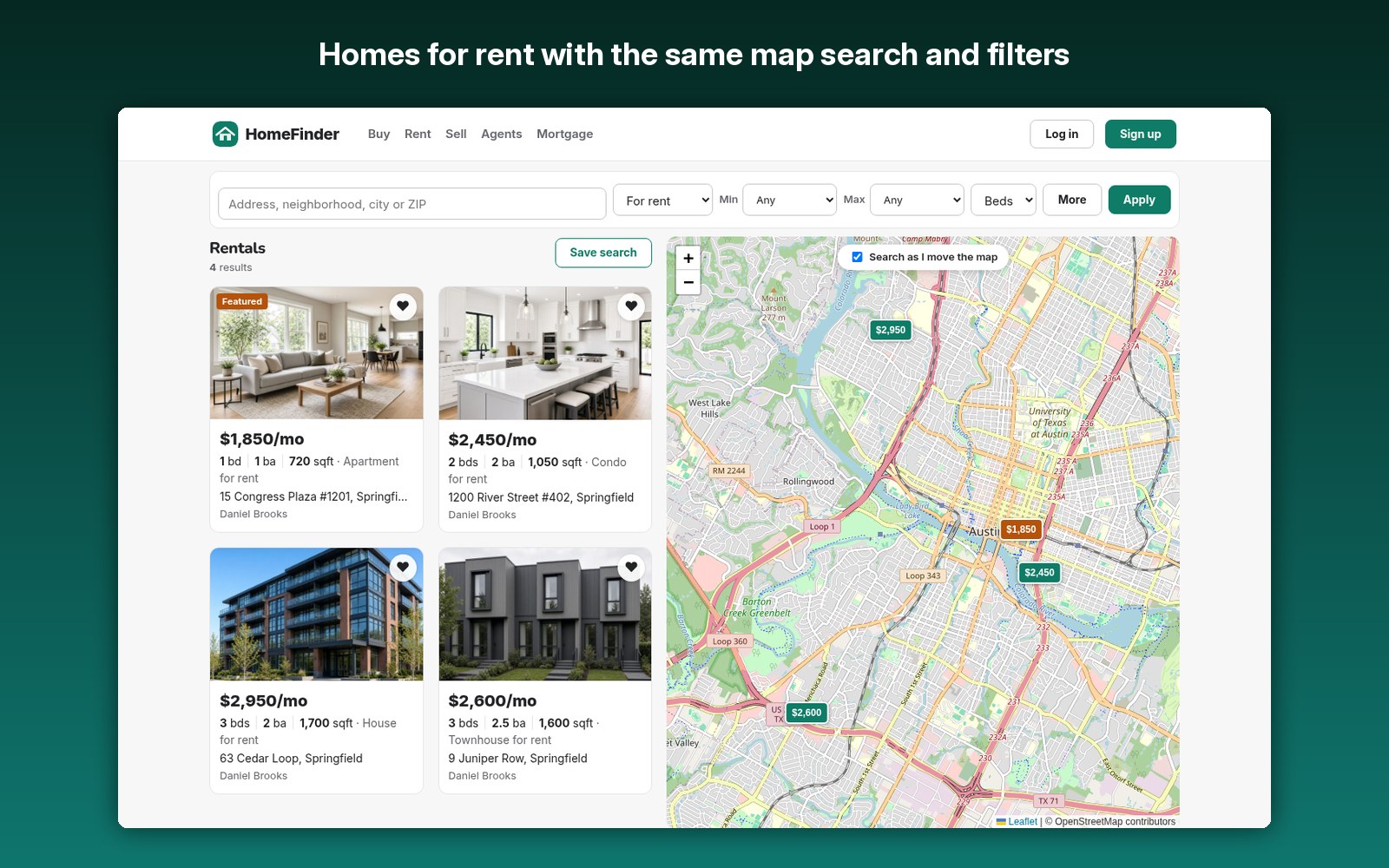 Homes for rent with the same map search and filters