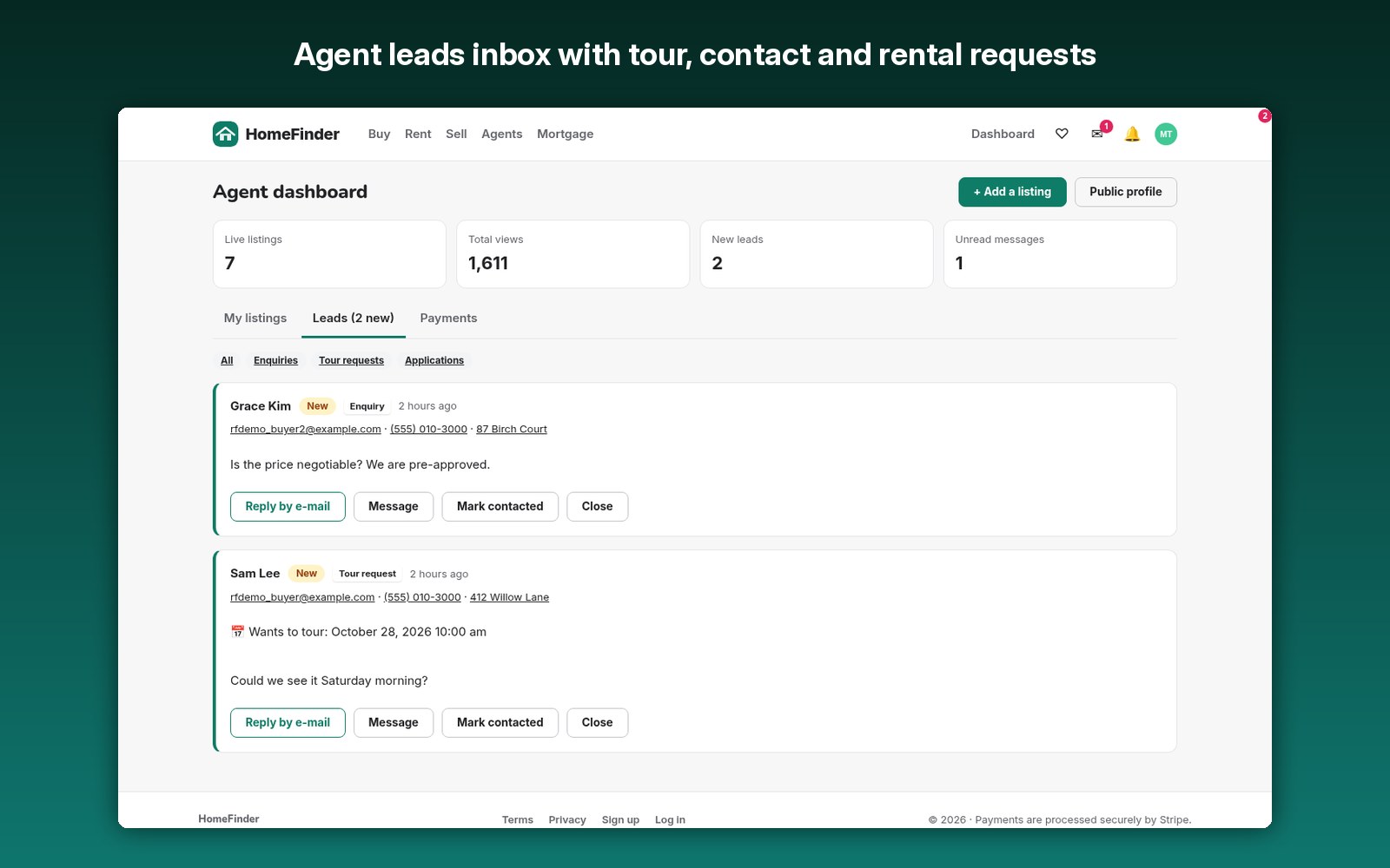 Agent leads inbox with tour, contact and rental requests
