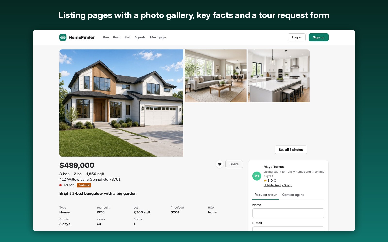 Listing pages with a photo gallery, key facts and a tour request form