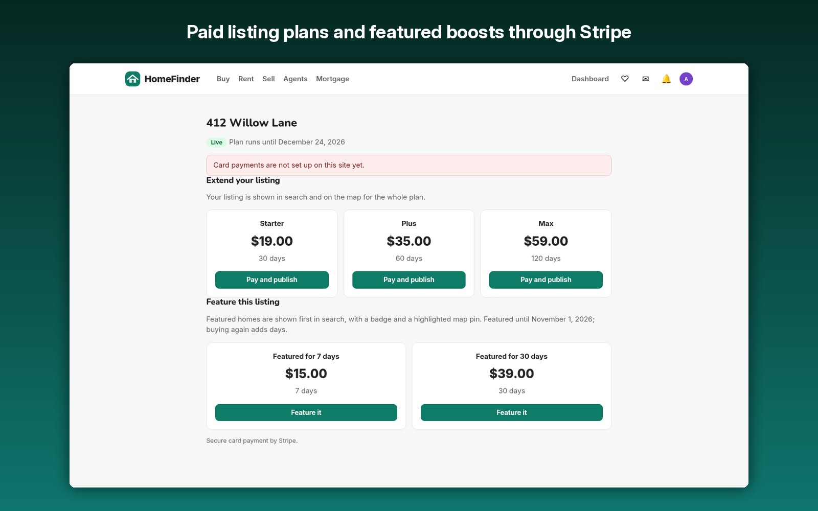 Paid listing plans and featured boosts through Stripe