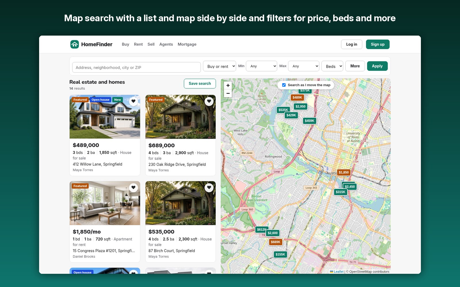 Map search with a list and map side by side and filters for price, beds and more