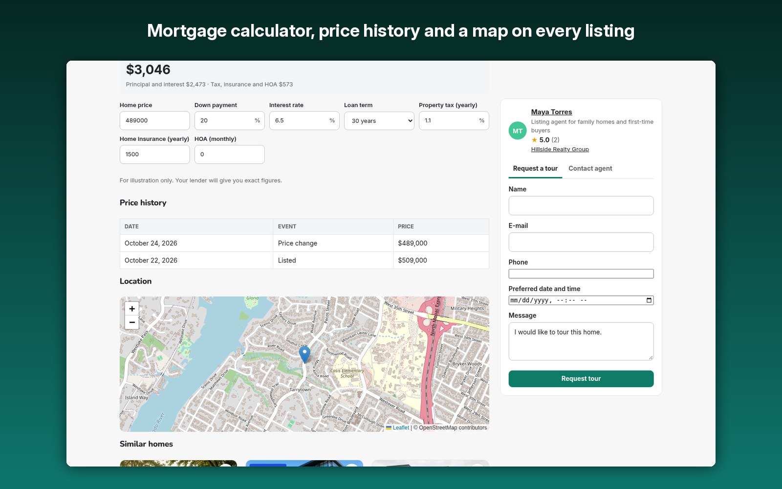 Mortgage calculator, price history and a map on every listing