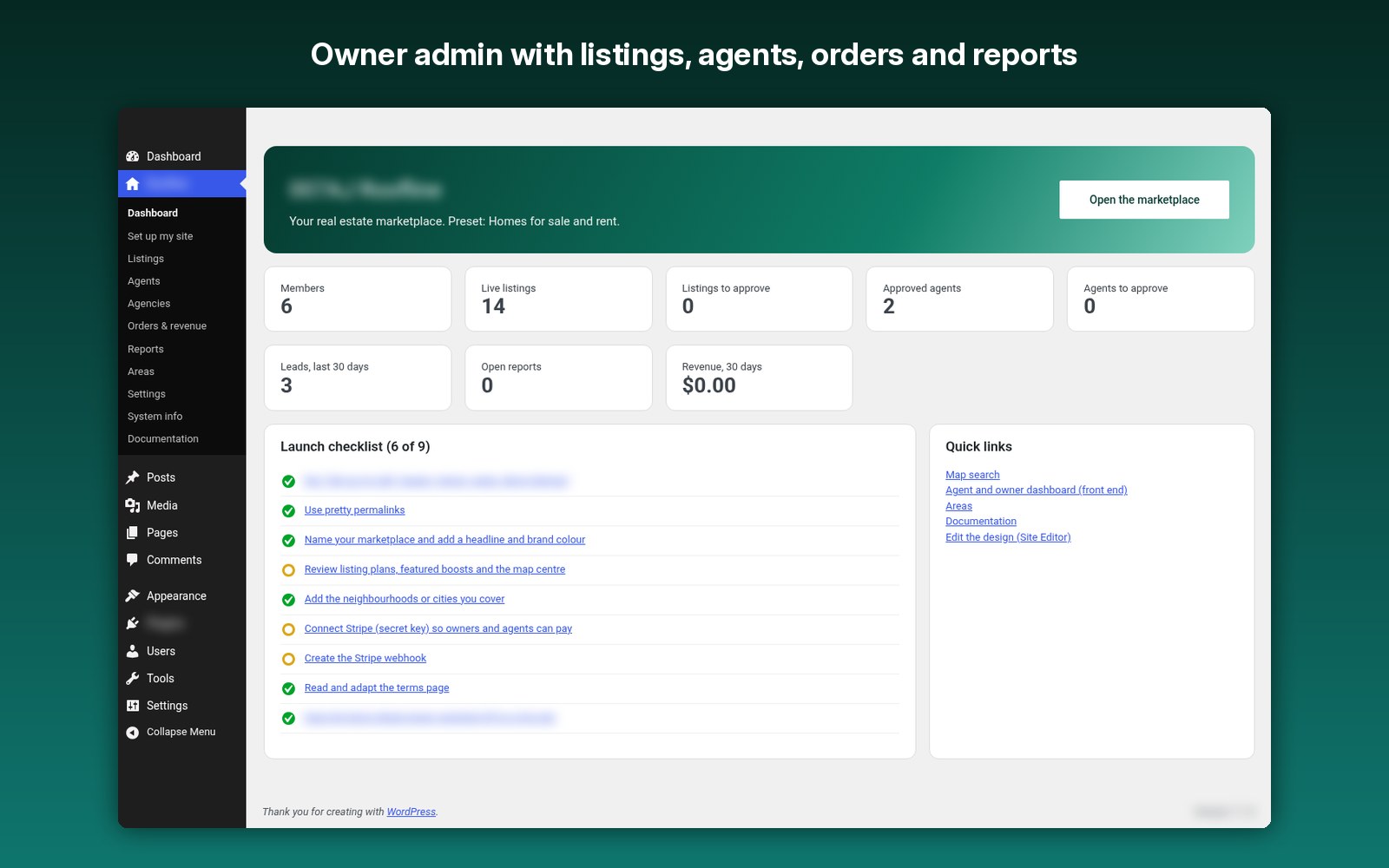 Owner admin with listings, agents, orders and reports