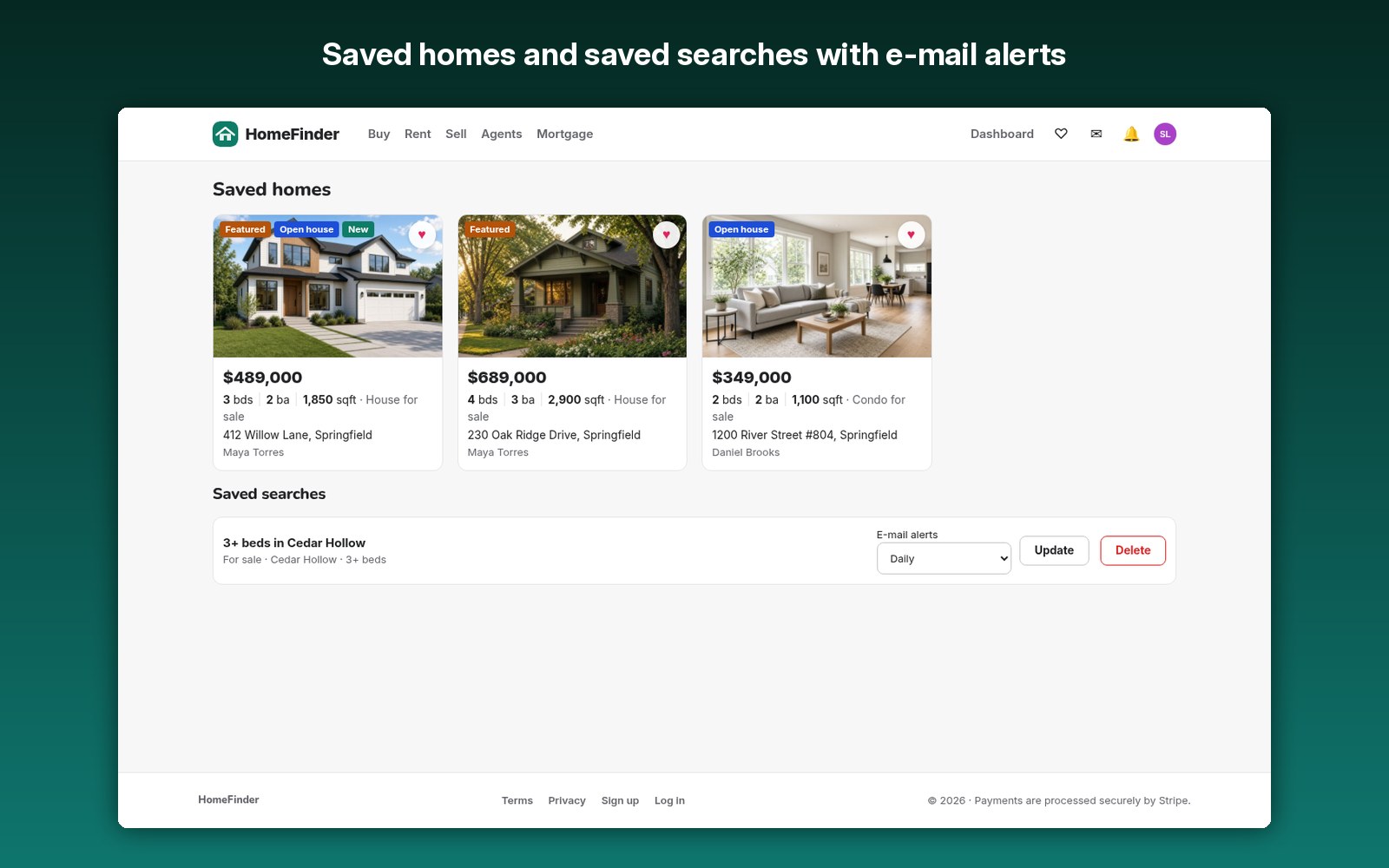 Saved homes and saved searches with e-mail alerts